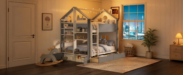 English Elm Full Size Bunk Bed with LED Lighting Storage Drawers and Shelves for Kids Bedroom White+Gray LT000626AAE