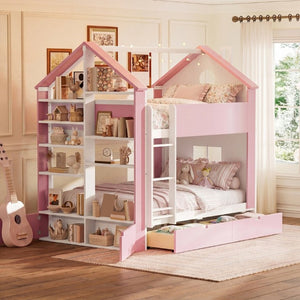 English Elm Full Size Bunk Bed with LED Lighting Storage Drawers and Shelves for Kids Bedroom White+Pink LT000626AAH