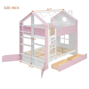English Elm Full Size Bunk Bed with LED Lighting Storage Drawers and Shelves for Kids Bedroom White+Pink LT000626AAH