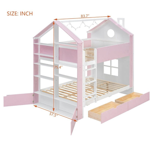 English Elm Full Size Bunk Bed with LED Lighting Storage Drawers and Shelves for Kids Bedroom White+Pink LT000626AAH