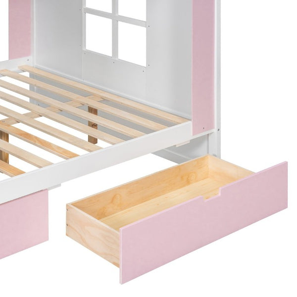 English Elm Full Size Bunk Bed with LED Lighting Storage Drawers and Shelves for Kids Bedroom White+Pink LT000626AAH
