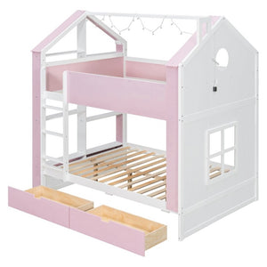 English Elm Full Size Bunk Bed with LED Lighting Storage Drawers and Shelves for Kids Bedroom White+Pink LT000626AAH