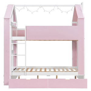 English Elm Full Size Bunk Bed with LED Lighting Storage Drawers and Shelves for Kids Bedroom White+Pink LT000626AAH