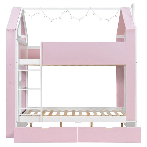 English Elm Full Size Bunk Bed with LED Lighting Storage Drawers and Shelves for Kids Bedroom White+Pink LT000626AAH