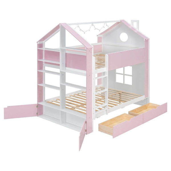 English Elm Full Size Bunk Bed with LED Lighting Storage Drawers and Shelves for Kids Bedroom White+Pink LT000626AAH