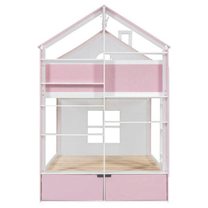 English Elm Full Size Bunk Bed with LED Lighting Storage Drawers and Shelves for Kids Bedroom White+Pink LT000626AAH
