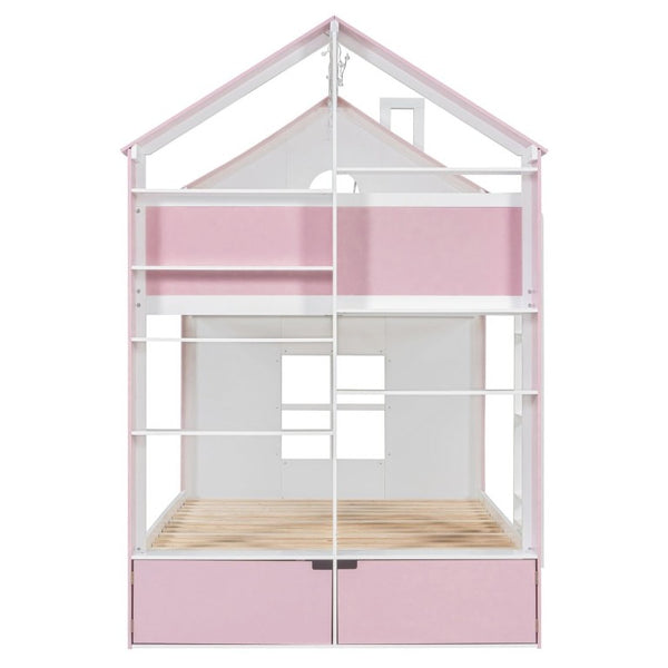 English Elm Full Size Bunk Bed with LED Lighting Storage Drawers and Shelves for Kids Bedroom White+Pink LT000626AAH