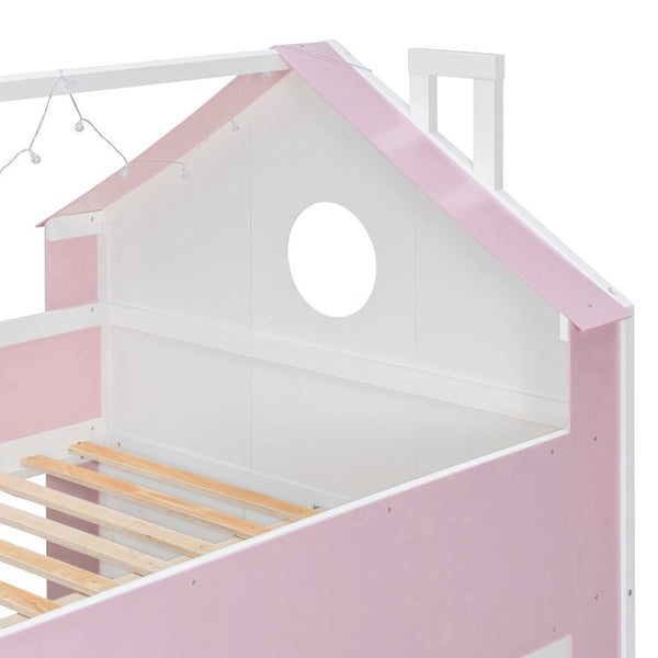 English Elm Full Size Bunk Bed with LED Lighting Storage Drawers and Shelves for Kids Bedroom White+Pink LT000626AAH
