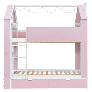 English Elm Full Size Bunk Bed with LED Lighting Storage Drawers and Shelves for Kids Bedroom White+Pink LT000626AAH