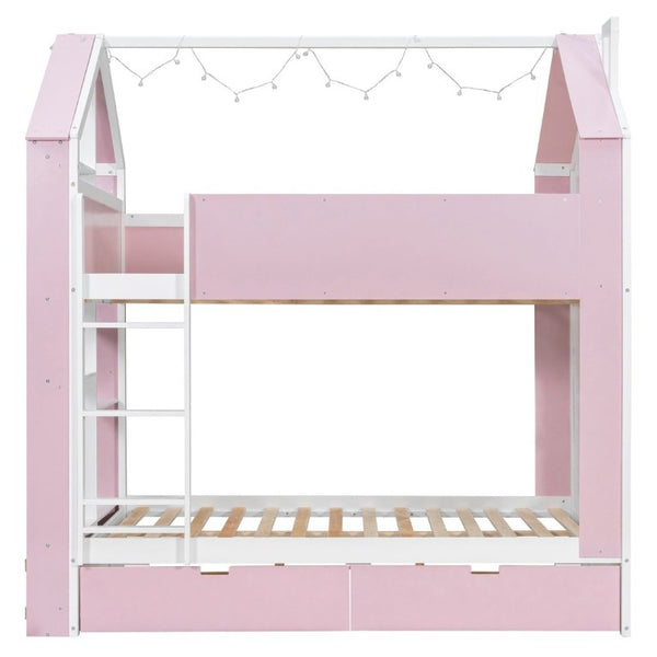 English Elm Full Size Bunk Bed with LED Lighting Storage Drawers and Shelves for Kids Bedroom White+Pink LT000626AAH