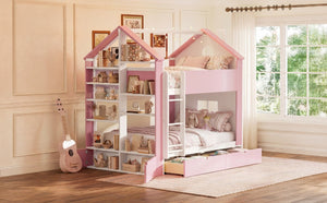 English Elm Full Size Bunk Bed with LED Lighting Storage Drawers and Shelves for Kids Bedroom White+Pink LT000626AAH