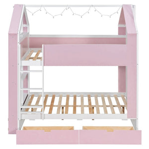 English Elm Full Size Bunk Bed with LED Lighting Storage Drawers and Shelves for Kids Bedroom White+Pink LT000626AAH
