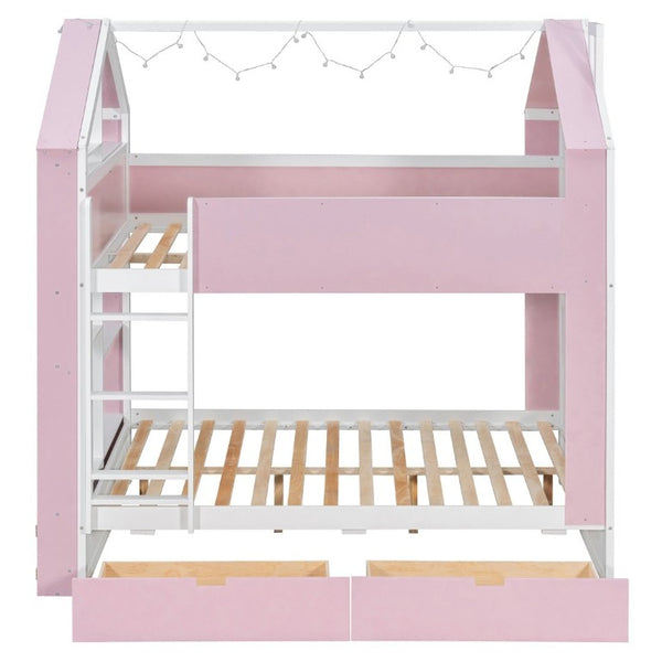 English Elm Full Size Bunk Bed with LED Lighting Storage Drawers and Shelves for Kids Bedroom White+Pink LT000626AAH