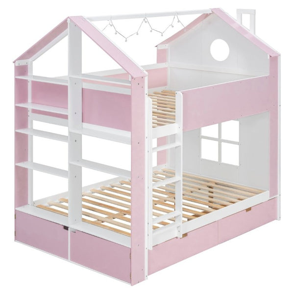 English Elm Full Size Bunk Bed with LED Lighting Storage Drawers and Shelves for Kids Bedroom White+Pink LT000626AAH