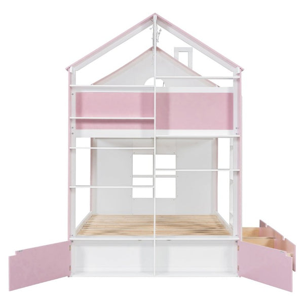 English Elm Full Size Bunk Bed with LED Lighting Storage Drawers and Shelves for Kids Bedroom White+Pink LT000626AAH