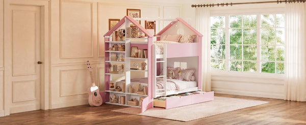 English Elm Full Size Bunk Bed with LED Lighting Storage Drawers and Shelves for Kids Bedroom White+Pink LT000626AAH