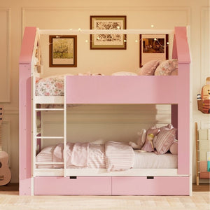 English Elm Full Size Bunk Bed with LED Lighting Storage Drawers and Shelves for Kids Bedroom White+Pink LT000626AAH
