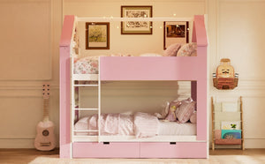 English Elm Full Size Bunk Bed with LED Lighting Storage Drawers and Shelves for Kids Bedroom White+Pink LT000626AAH