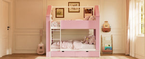 English Elm Full Size Bunk Bed with LED Lighting Storage Drawers and Shelves for Kids Bedroom White+Pink LT000626AAH
