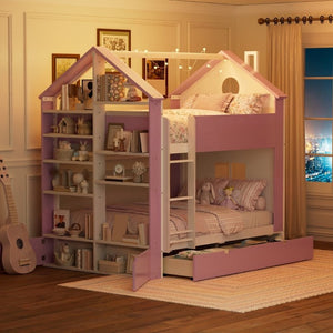 English Elm Full Size Bunk Bed with LED Lighting Storage Drawers and Shelves for Kids Bedroom White+Pink LT000626AAH