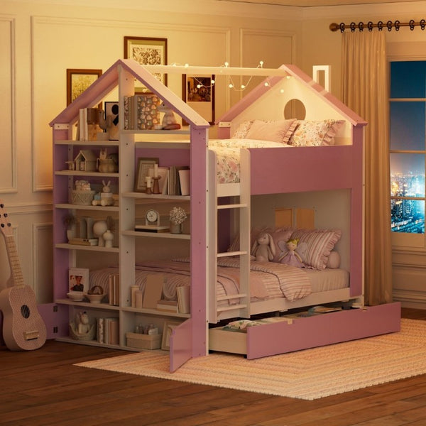 English Elm Full Size Bunk Bed with LED Lighting Storage Drawers and Shelves for Kids Bedroom White+Pink LT000626AAH