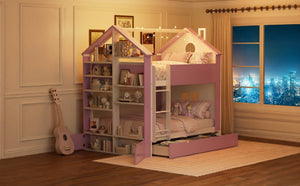 English Elm Full Size Bunk Bed with LED Lighting Storage Drawers and Shelves for Kids Bedroom White+Pink LT000626AAH