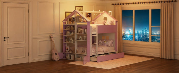 English Elm Full Size Bunk Bed with LED Lighting Storage Drawers and Shelves for Kids Bedroom White+Pink LT000626AAH