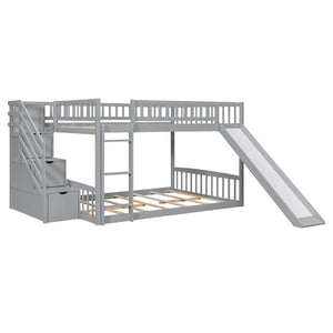 English Elm Stairway Full Over Bunk Bed with Slide Three Drawers and Pine Frame for Kids Gray LT000774AAE