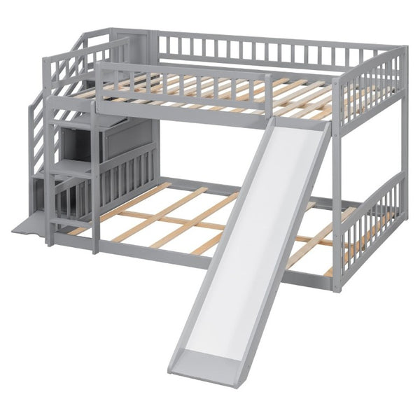 English Elm Stairway Full Over Bunk Bed with Slide Three Drawers and Pine Frame for Kids Gray LT000774AAE