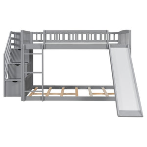 English Elm Stairway Full Over Bunk Bed with Slide Three Drawers and Pine Frame for Kids Gray LT000774AAE