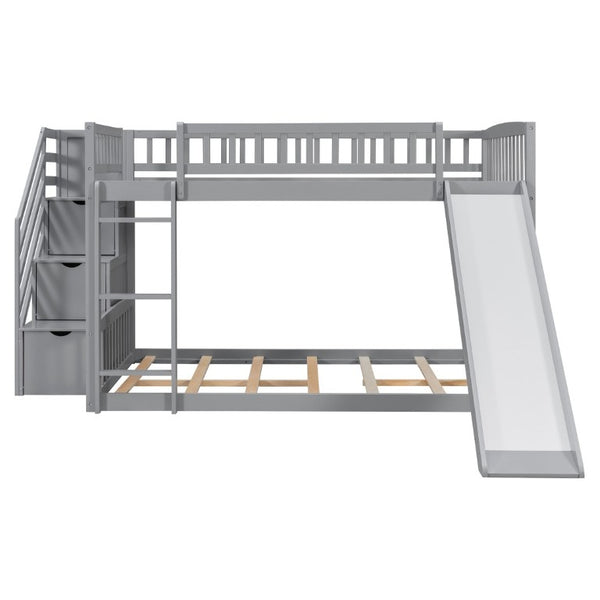 English Elm Stairway Full Over Bunk Bed with Slide Three Drawers and Pine Frame for Kids Gray LT000774AAE