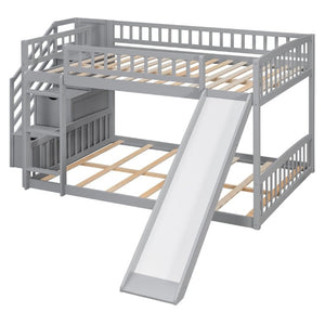 English Elm Stairway Full Over Bunk Bed with Slide Three Drawers and Pine Frame for Kids Gray LT000774AAE