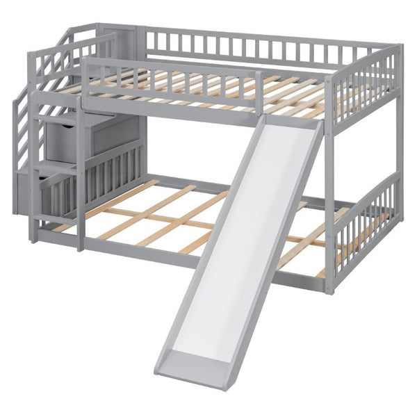 English Elm Stairway Full Over Bunk Bed with Slide Three Drawers and Pine Frame for Kids Gray LT000774AAE