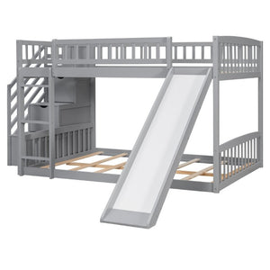 English Elm Stairway Full Over Bunk Bed with Slide Three Drawers and Pine Frame for Kids Gray LT000774AAE