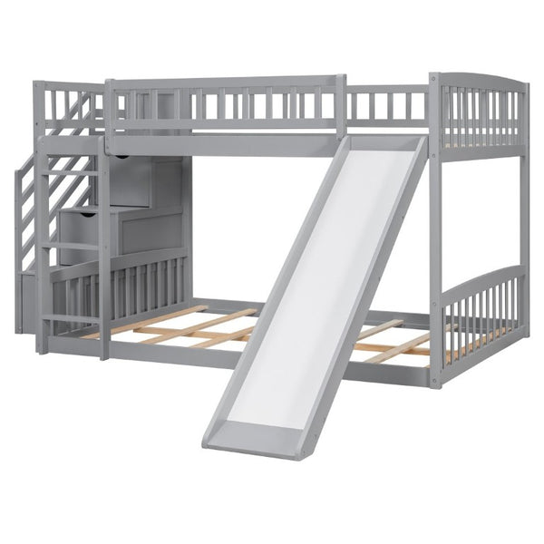 English Elm Stairway Full Over Bunk Bed with Slide Three Drawers and Pine Frame for Kids Gray LT000774AAE