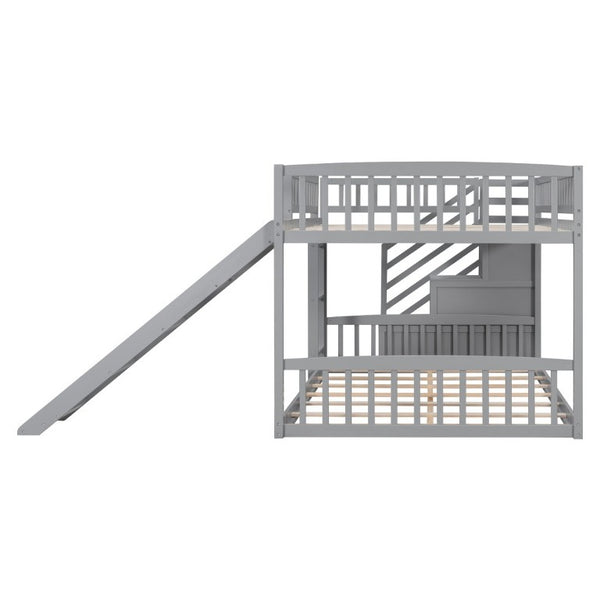 English Elm Stairway Full Over Bunk Bed with Slide Three Drawers and Pine Frame for Kids Gray LT000774AAE