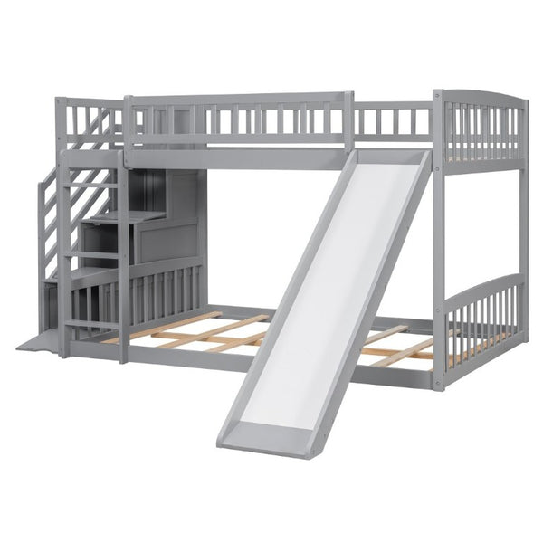 English Elm Stairway Full Over Bunk Bed with Slide Three Drawers and Pine Frame for Kids Gray LT000774AAE