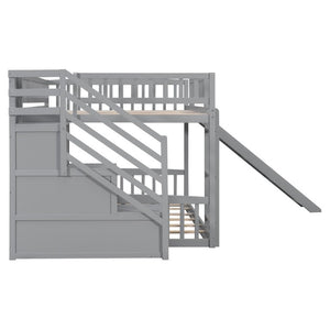 English Elm Stairway Full Over Bunk Bed with Slide Three Drawers and Pine Frame for Kids Gray LT000774AAE