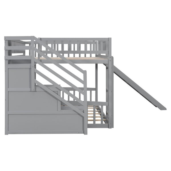 English Elm Stairway Full Over Bunk Bed with Slide Three Drawers and Pine Frame for Kids Gray LT000774AAE