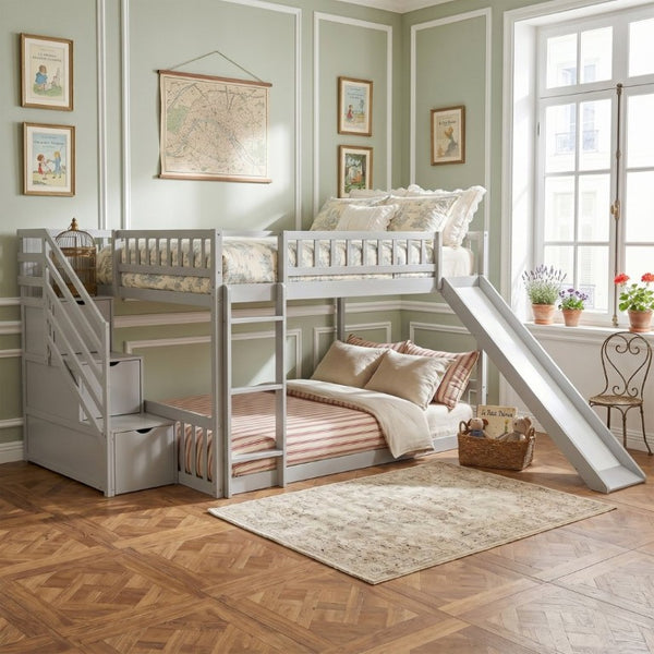 English Elm Stairway Full Over Bunk Bed with Slide Three Drawers and Pine Frame for Kids Gray LT000774AAE