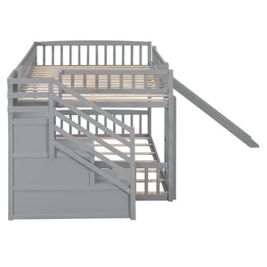 English Elm Stairway Full Over Bunk Bed with Slide Three Drawers and Pine Frame for Kids Gray LT000774AAE