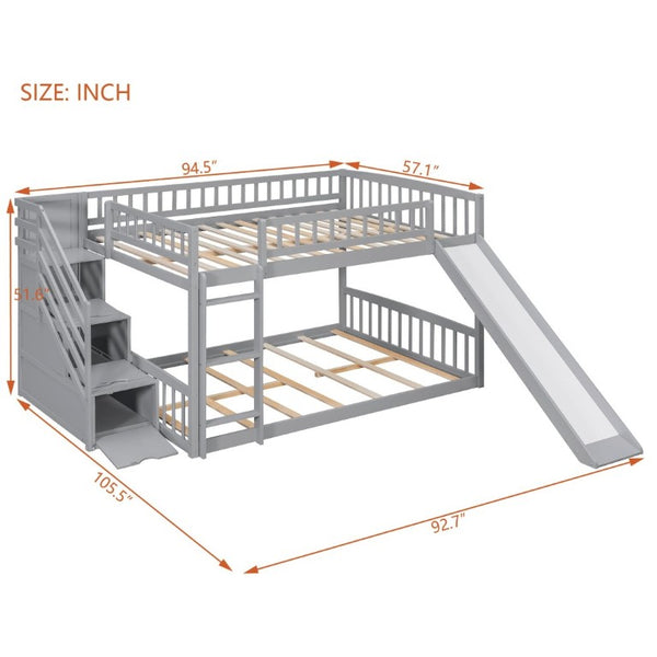 English Elm Stairway Full Over Bunk Bed with Slide Three Drawers and Pine Frame for Kids Gray LT000774AAE