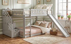 English Elm Stairway Full Over Bunk Bed with Slide Three Drawers and Pine Frame for Kids Gray LT000774AAE