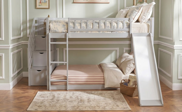 English Elm Stairway Full Over Bunk Bed with Slide Three Drawers and Pine Frame for Kids Gray LT000774AAE