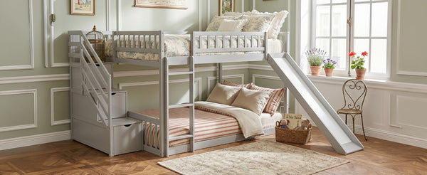 English Elm Stairway Full Over Bunk Bed with Slide Three Drawers and Pine Frame for Kids Gray LT000774AAE