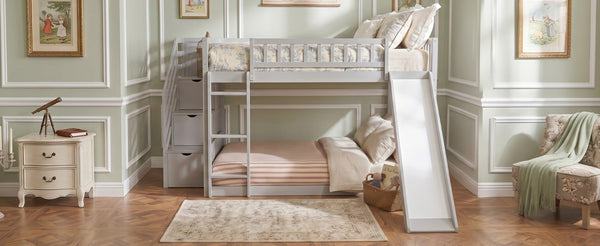 English Elm Stairway Full Over Bunk Bed with Slide Three Drawers and Pine Frame for Kids Gray LT000774AAE