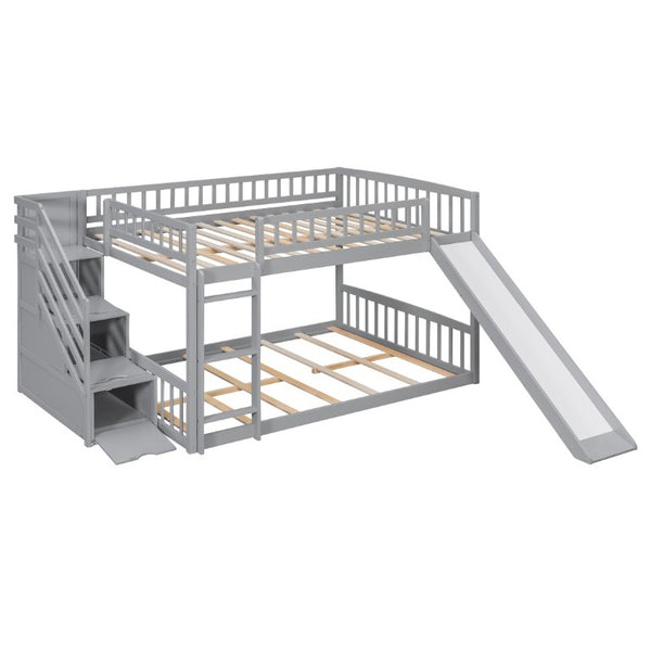 English Elm Stairway Full Over Bunk Bed with Slide Three Drawers and Pine Frame for Kids Gray LT000774AAE
