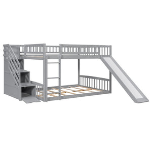 English Elm Stairway Full Over Bunk Bed with Slide Three Drawers and Pine Frame for Kids Gray LT000774AAE