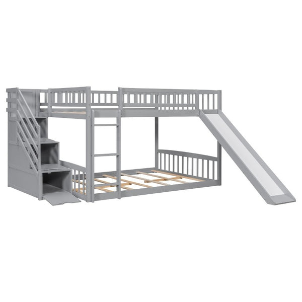 English Elm Stairway Full Over Bunk Bed with Slide Three Drawers and Pine Frame for Kids Gray LT000774AAE