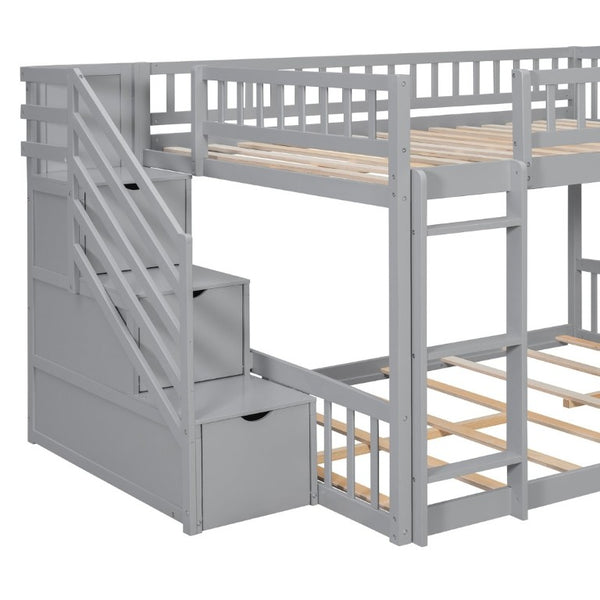 English Elm Stairway Full Over Bunk Bed with Slide Three Drawers and Pine Frame for Kids Gray LT000774AAE